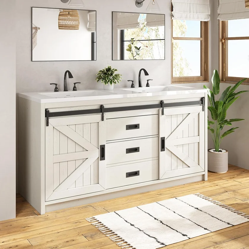 LUXOAK 60 Inch Farmhouse Sliding Barn Door Double Vanity with Two Sinks
