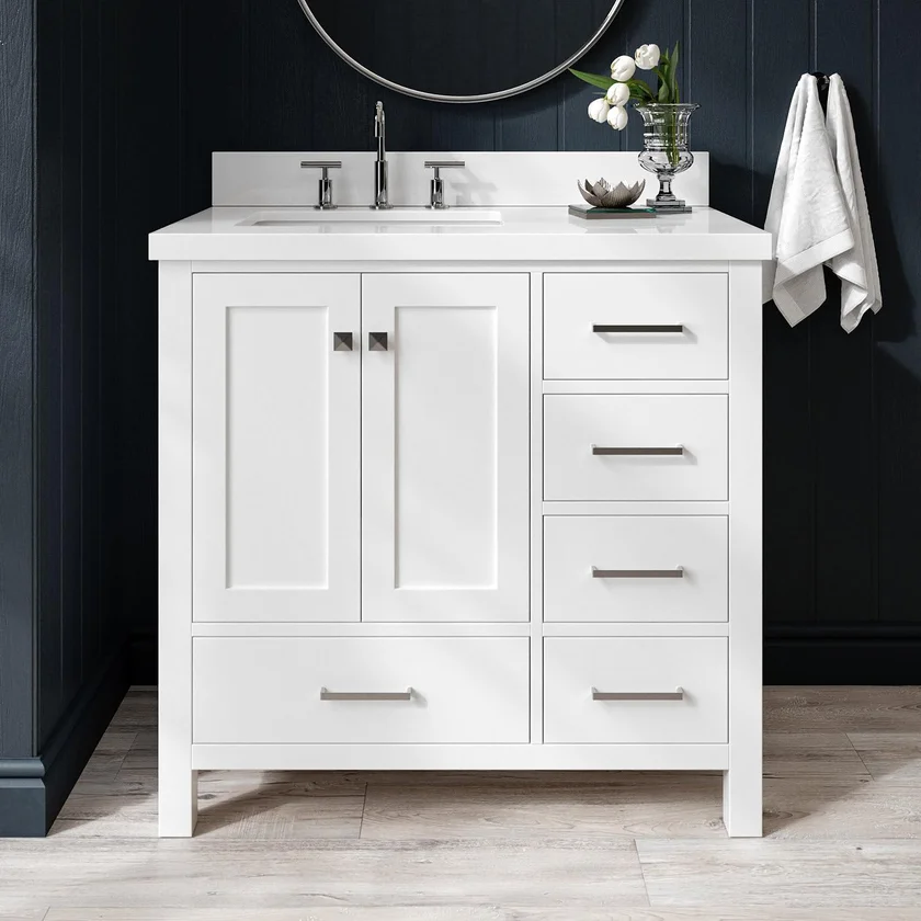 ARIEL Cambridge 36-inch Bathroom Vanity with Sink, Solid Wood, Quartz Countertop, 5 Dovetail Drawers, White