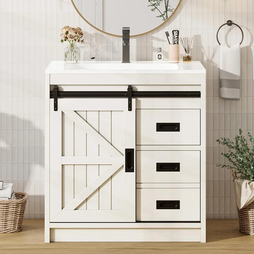AMERLIFE 31 Inch Farmhouse Bathroom Vanity with Sliding Barn Door in antique white