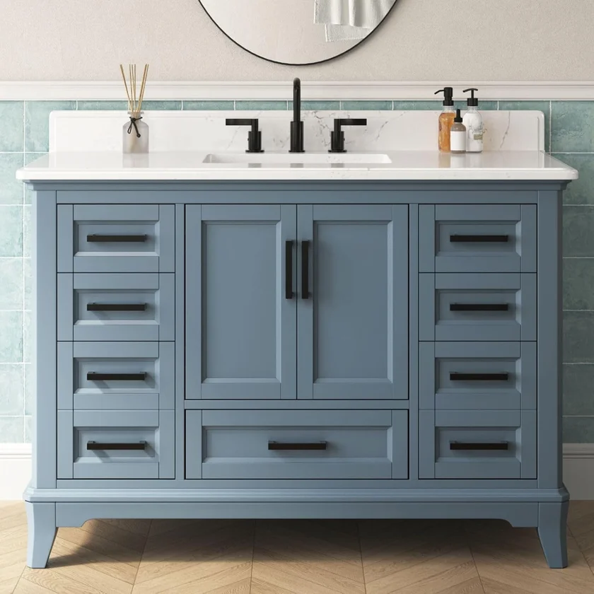 DELUXE LIVING 48 Inch Steel Blue Vanity with Quartz Countertop