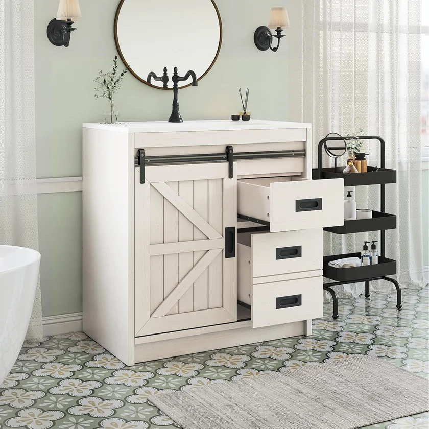 LUXOAK 31 Inch Farmhouse Sliding Barn Door Bathroom Vanity with Sink