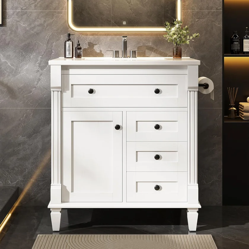 LIKIMIO 30 Inch Bathroom Vanity with Sink, Towel Holder & Adjustable Solid Wood Legs, Modern Storage Cabinet, White