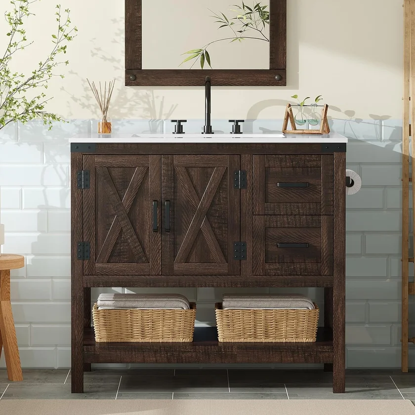 AMERLIFE 36 Inch Farmhouse Bathroom Vanity with Sink Combo and Barn Door