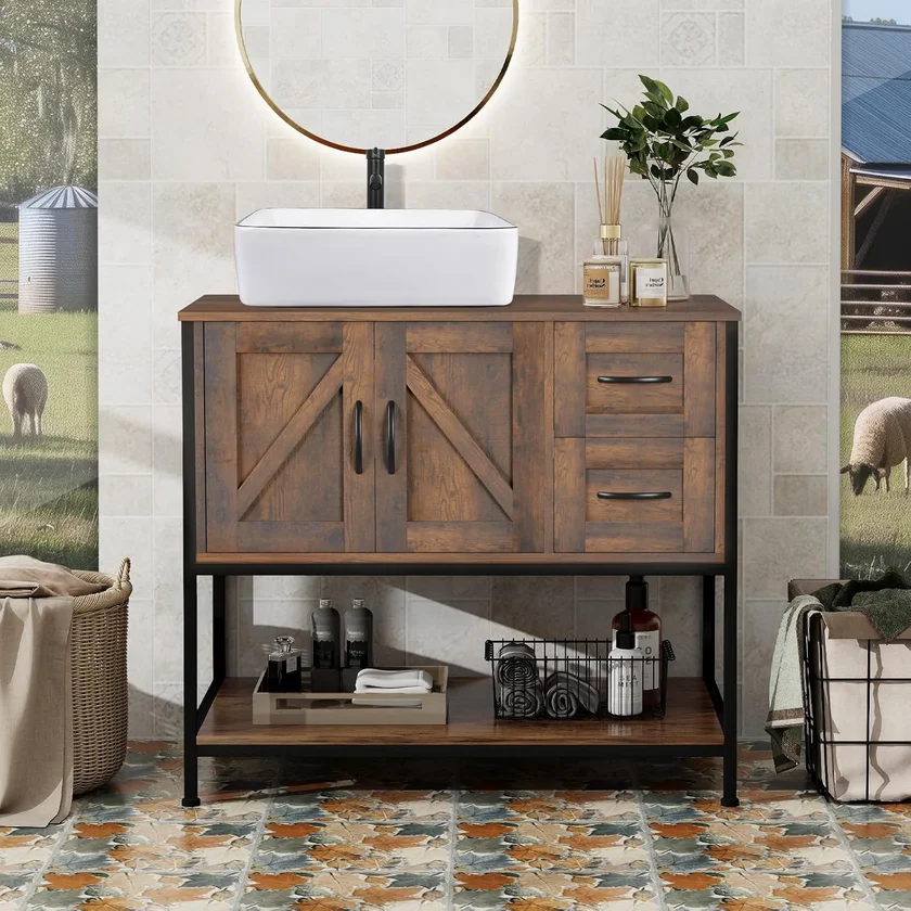 YOURLITE 36 Inch Rustic Farmhouse Bathroom Vanity with White Ceramic Vessel Sink