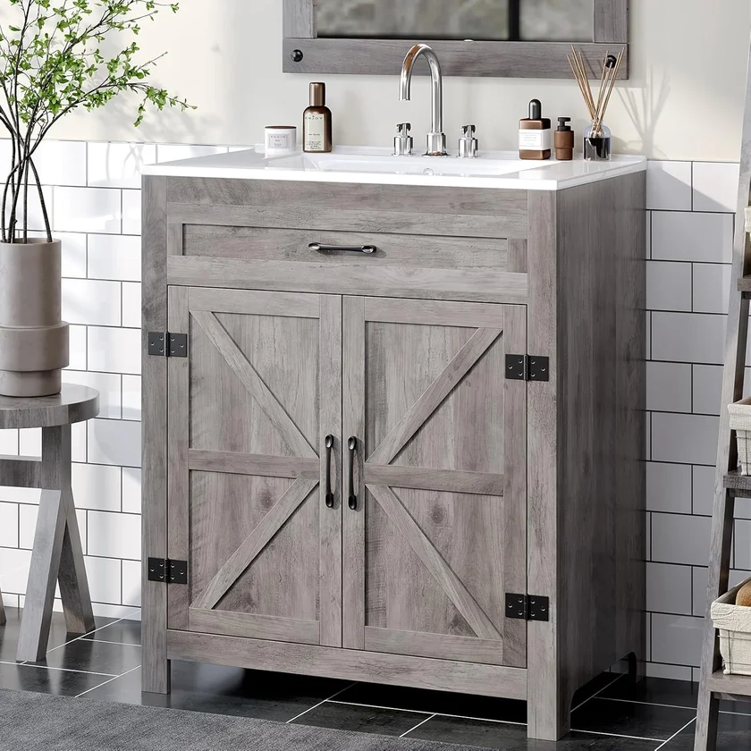 VINGLI 30 Inch Farmhouse Bathroom Vanity with Sink, Barn Door and Open Shelf