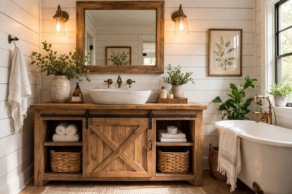 Seven farmhouse bathroom vanities arranged in a rustic bathroom setting with barn wood and shiplap walls