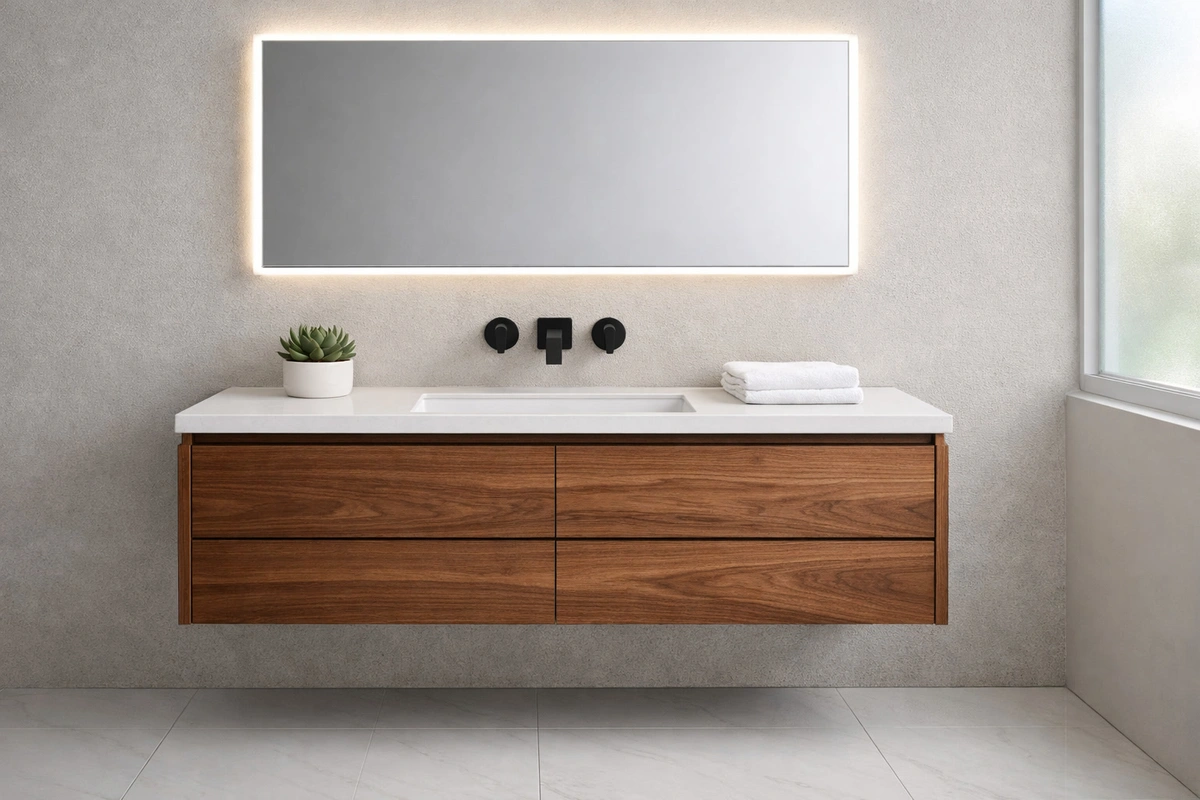 Modern floating bathroom vanities mounted on walls