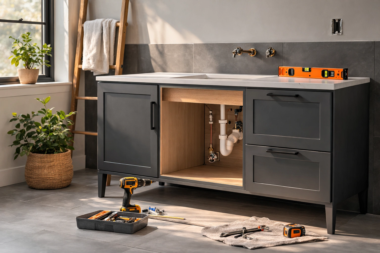 Step-by-step bathroom vanity installation showing tools, plumbing, and a finished vanity