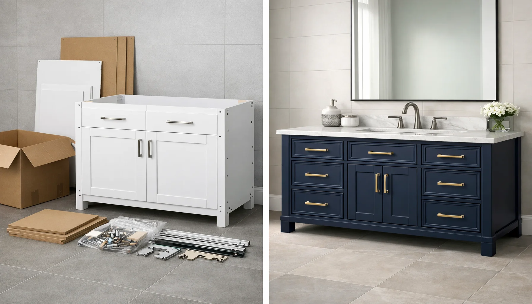 Side by side comparison of an RTA flat-packed vanity box and a fully assembled bathroom vanity