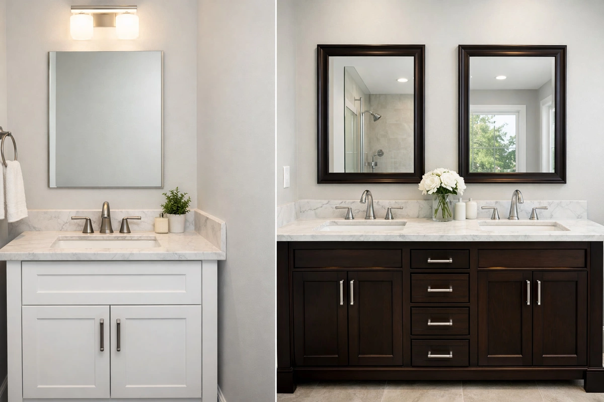 Side by side comparison of single sink and double sink bathroom vanities