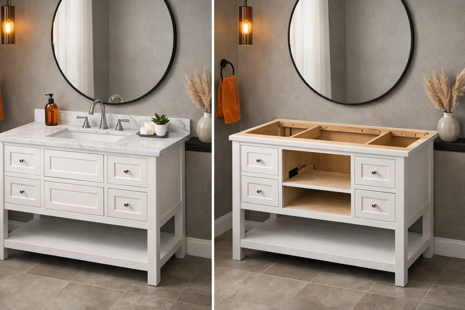 Bathroom vanity with countertop compared to a cabinet-only vanity without top